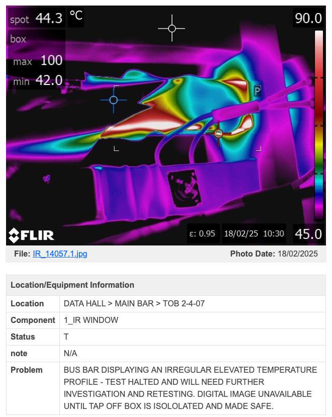 Level 3 thermographer using SnapCor on rugged tablet during live data centre busbar inspection